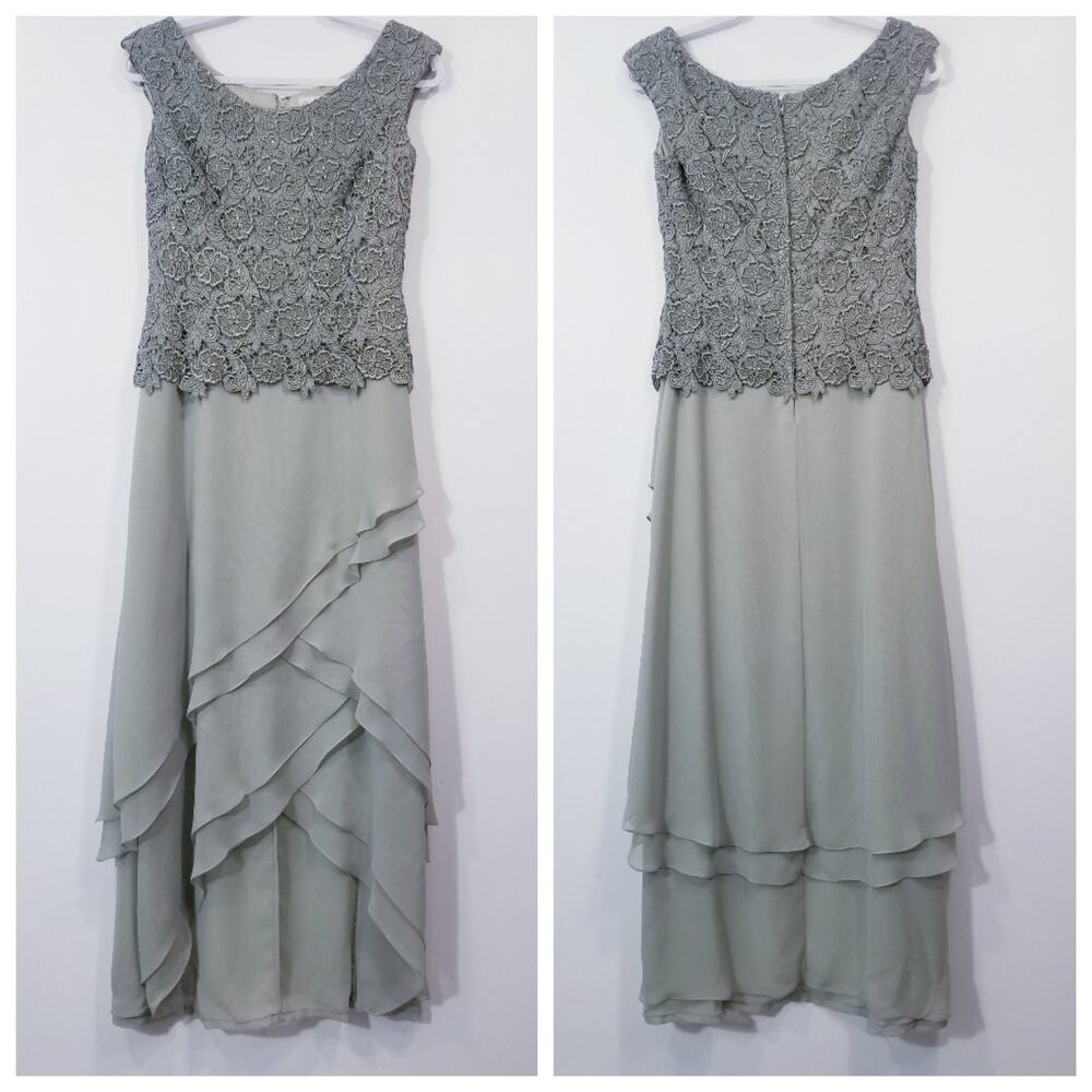 Cameron Blake by Mon Cheri Women size 6P Green Lace Tiered Long Formal Dress